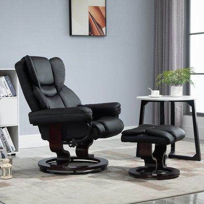 HOMCOM 360 degrees Swivel Recliner Chair with Footstool, PU Leather Manual Recliner Armchair with Footstool, Solid Wood Base, Upholstered Reclining Chair for Living Room, Bedroom, Office, Black