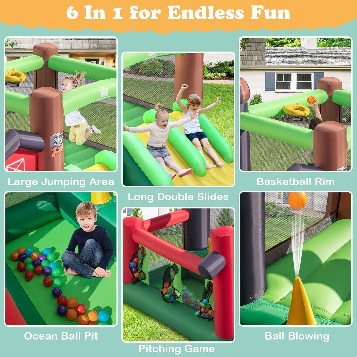 6-in-1 Inflatable Bounce House with Double Slides and 680W Blower