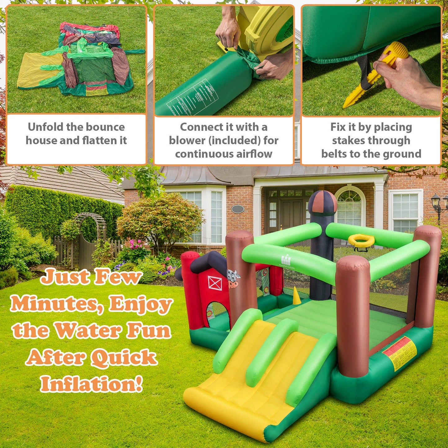 6-in-1 Inflatable Bounce House with Double Slides and 680W Blower