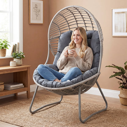 PE Wicker Egg Chair with Removable Seat and Back Cushion for Indoor Outdoor-grey