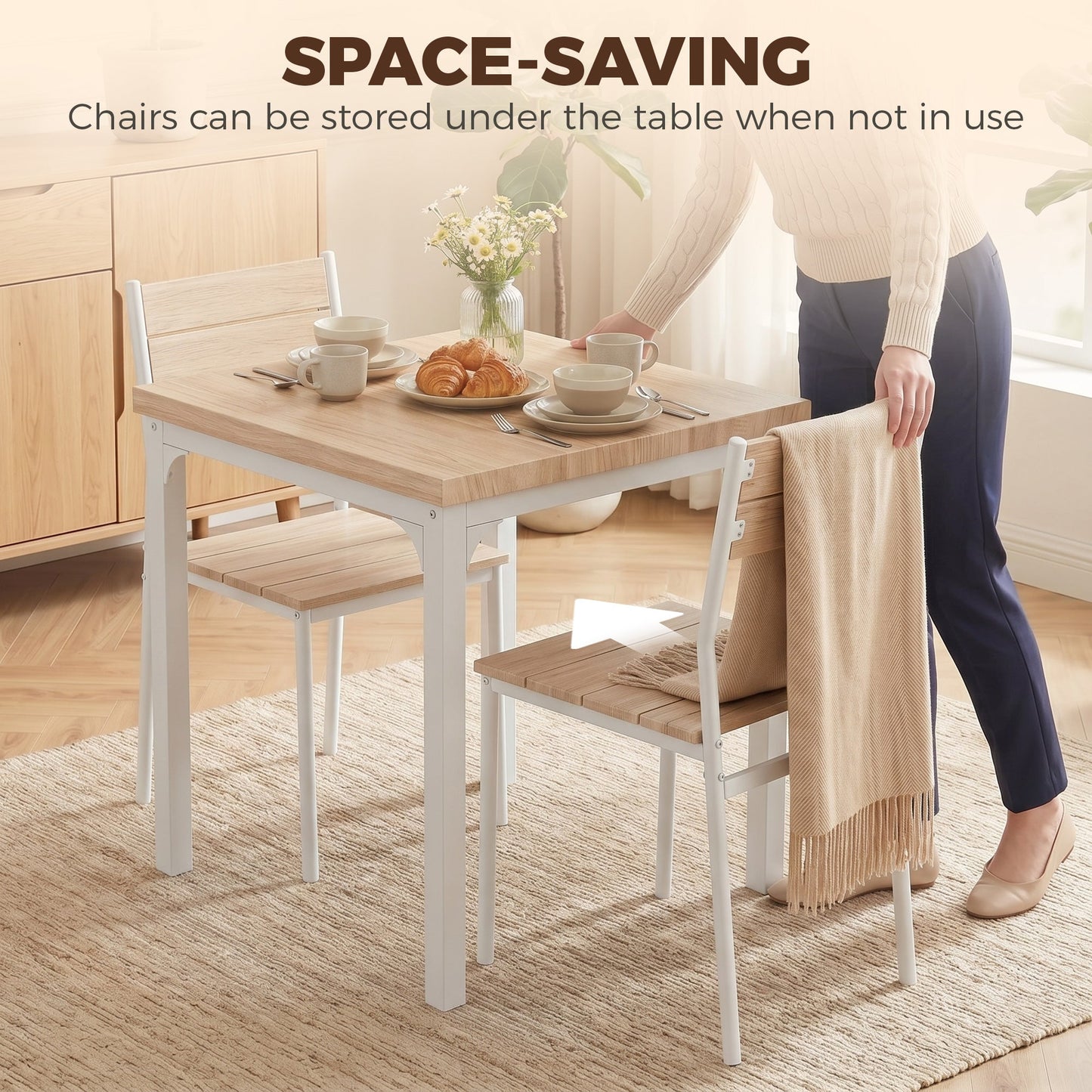 HOMCOM Three-Piece Minimal and Compact Dining Set, Oak Wood Effect