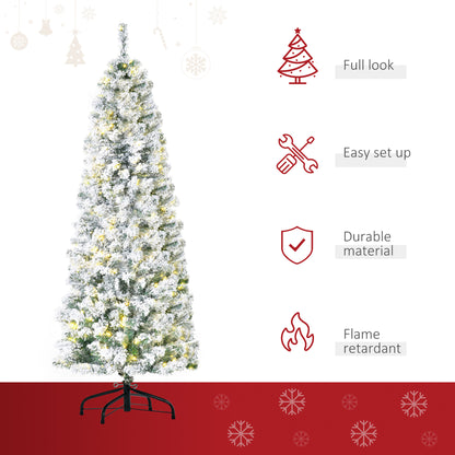 HOMCOM 6FT Prelit Artificial Snow Flocked Christmas Tree in Green White