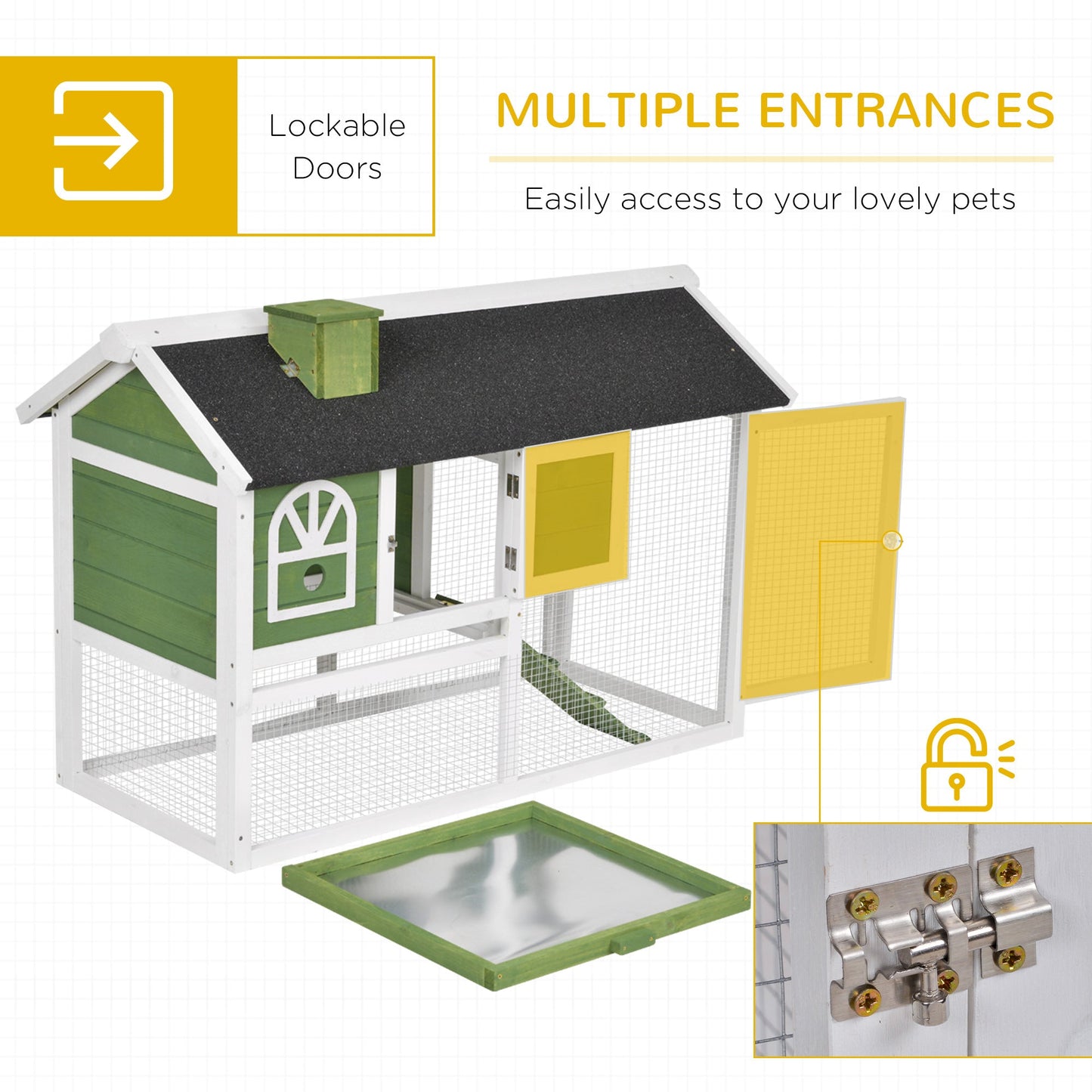 PawHut Wooden Rabbit Hutch and Run with Sliding Tray, Ramp, Water-resistant Roof, for 2-4 Rabbits, Green