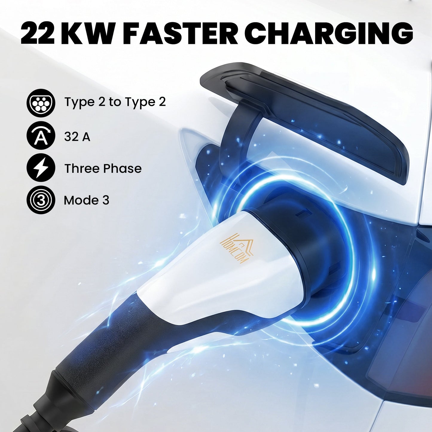 HOMCOM Type 2 EV Charging Cable, 22kW, 32A, Mode 3, 3-Phase, 10m Type 2 to Type 2 EV Extension Cable for EVs, PHEVs
