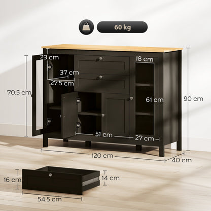 HOMCOM Modern Storage Cabinet, Sideboard with Oak Top, 4 Doors, 2 Drawers and 5 Adjustable Shelves, Black Brown