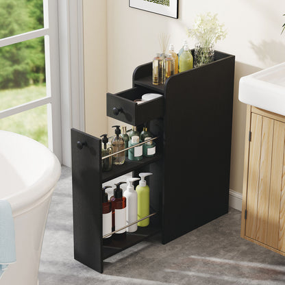 Narrow Bathroom Storage Cabinet with Slide-Out Drawer-Black