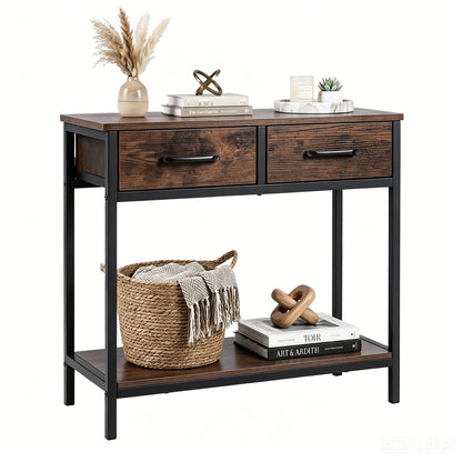 Narrow Console Table w/2 Fabric Drawers Open Compartment and Anti-Tipping Device-Rustic Brown