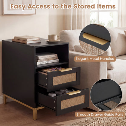 Narrow End Table with Charging Station and 2 Drawers for Bedroom-Black