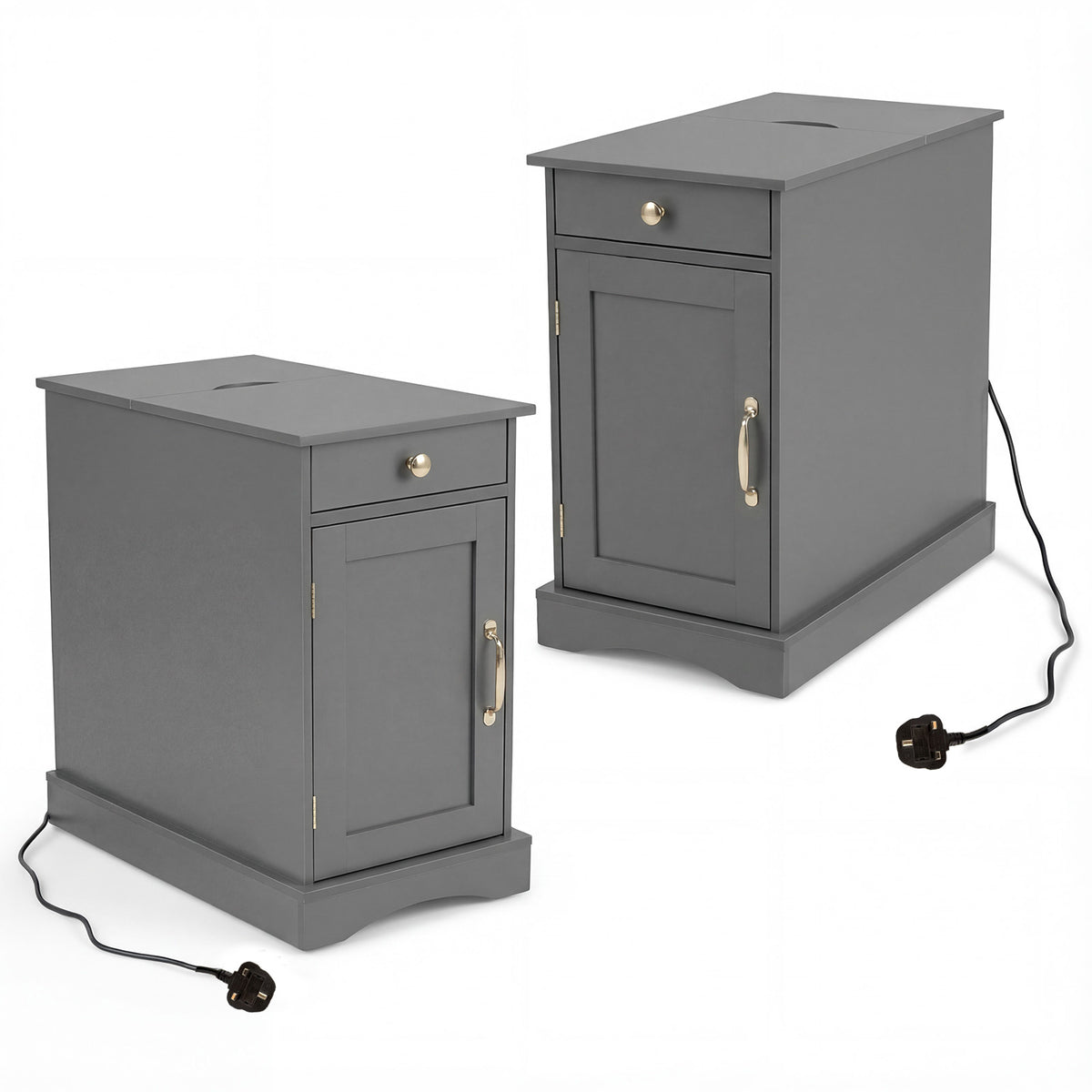 Narrow Nightstand Set of 2 with Charging Station and Drawer for Living Room Bedroom-Grey