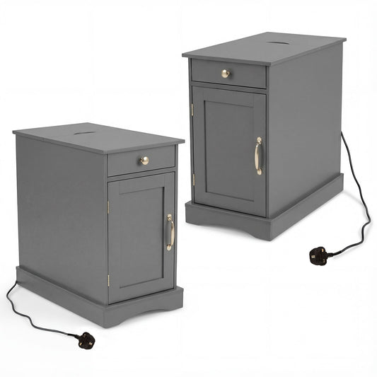 Narrow Nightstand Set of 2 with Charging Station and Drawer for Living Room Bedroom-Grey