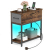 Narrow Side Table with Charging Station and LED Lights for Small Spaces-Rustic Brown