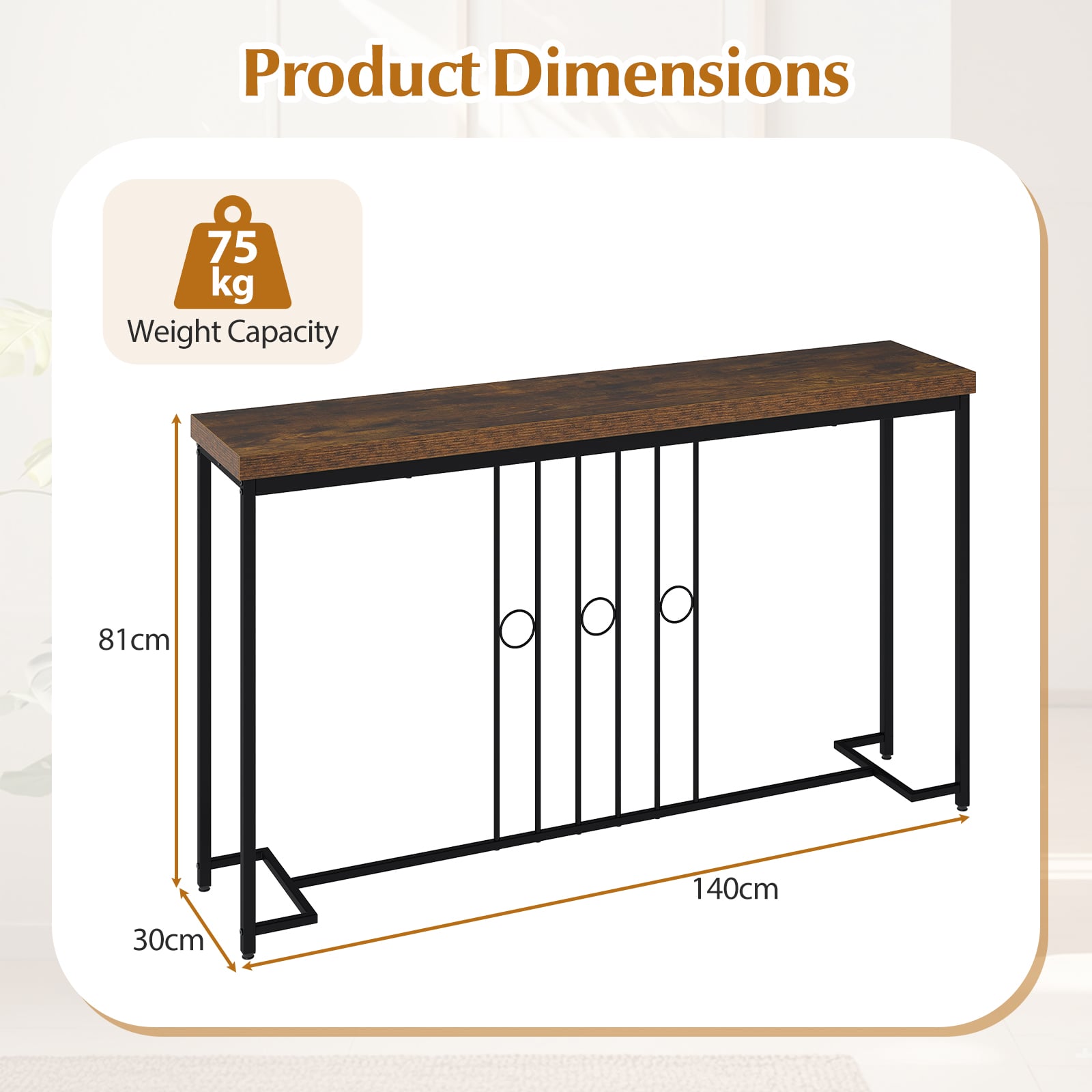 140CM Narrow Entryway Table with H-Shaped Base and Spacious tabletop-Rustic Brown