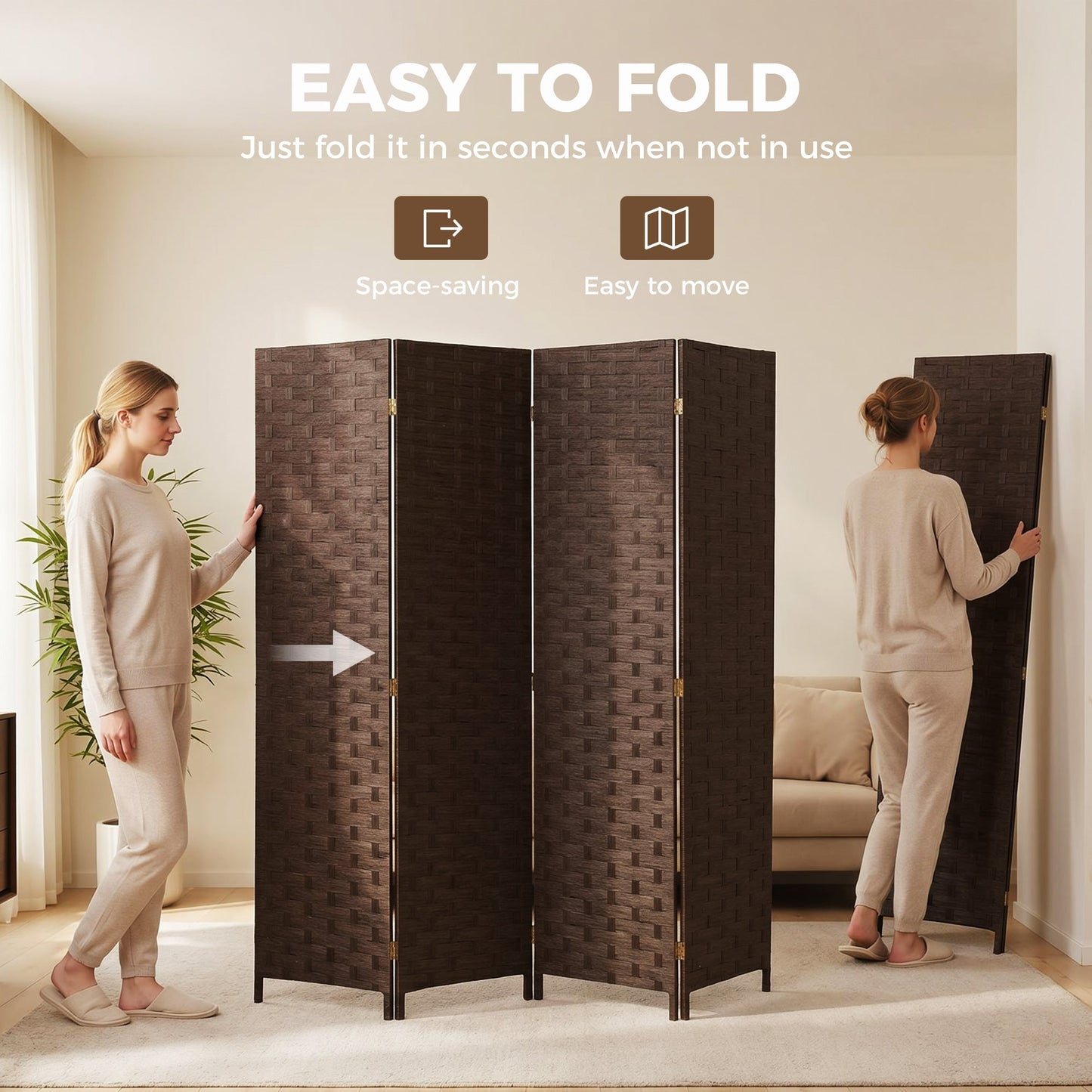 HOMCOM Wave Fibre Freestanding Folding Privacy Screen Panels, Room Divider, Dark Brown