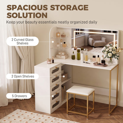 HOMCOM Dressing Table with LED Mirror and Stool, L-Shaped Vanity Desk with Drawers and Shelves, White