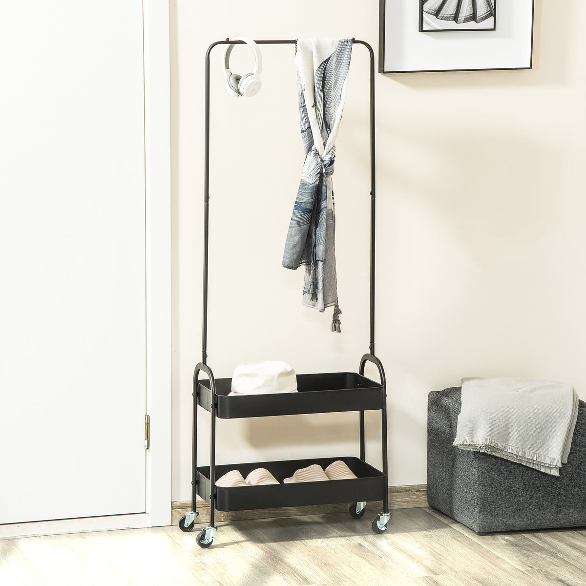 HOMCOM Metal Clothes Rack with Shoe Storage in Black