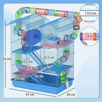 The hamster cage showing various dimensions and measurements for the structure
