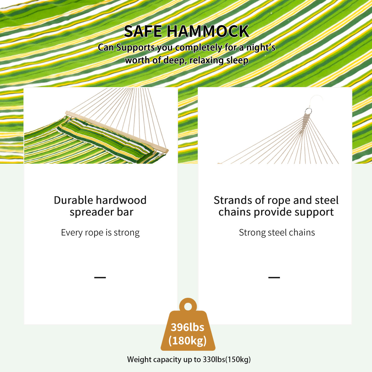 Outsunny Double Cotton Hammock Camping Swing in Green Yellow White Stripes