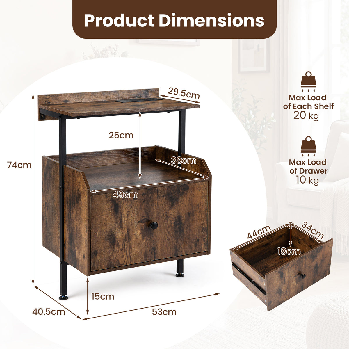 Nightstand Bedside Table with Charging Station and LED Light-Rustic Brown