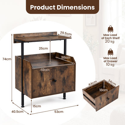 Nightstand Bedside Table with Charging Station and LED Light-Rustic Brown