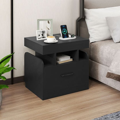 Nightstand with Charging Station Set of 2 with Drawer and Sliding Top Storage-Black