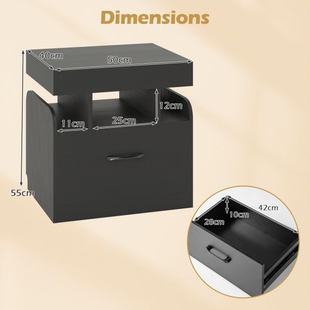 Nightstand with Charging Station Set of 2 with Drawer and Sliding Top Storage-Black