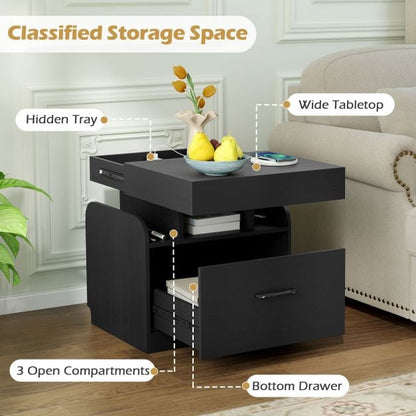 Nightstand with Charging Station Set of 2 with Drawer and Sliding Top Storage-Black