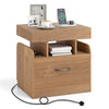 Nightstand with Charging Station with Drawer and Sliding Top Storage-Natural
