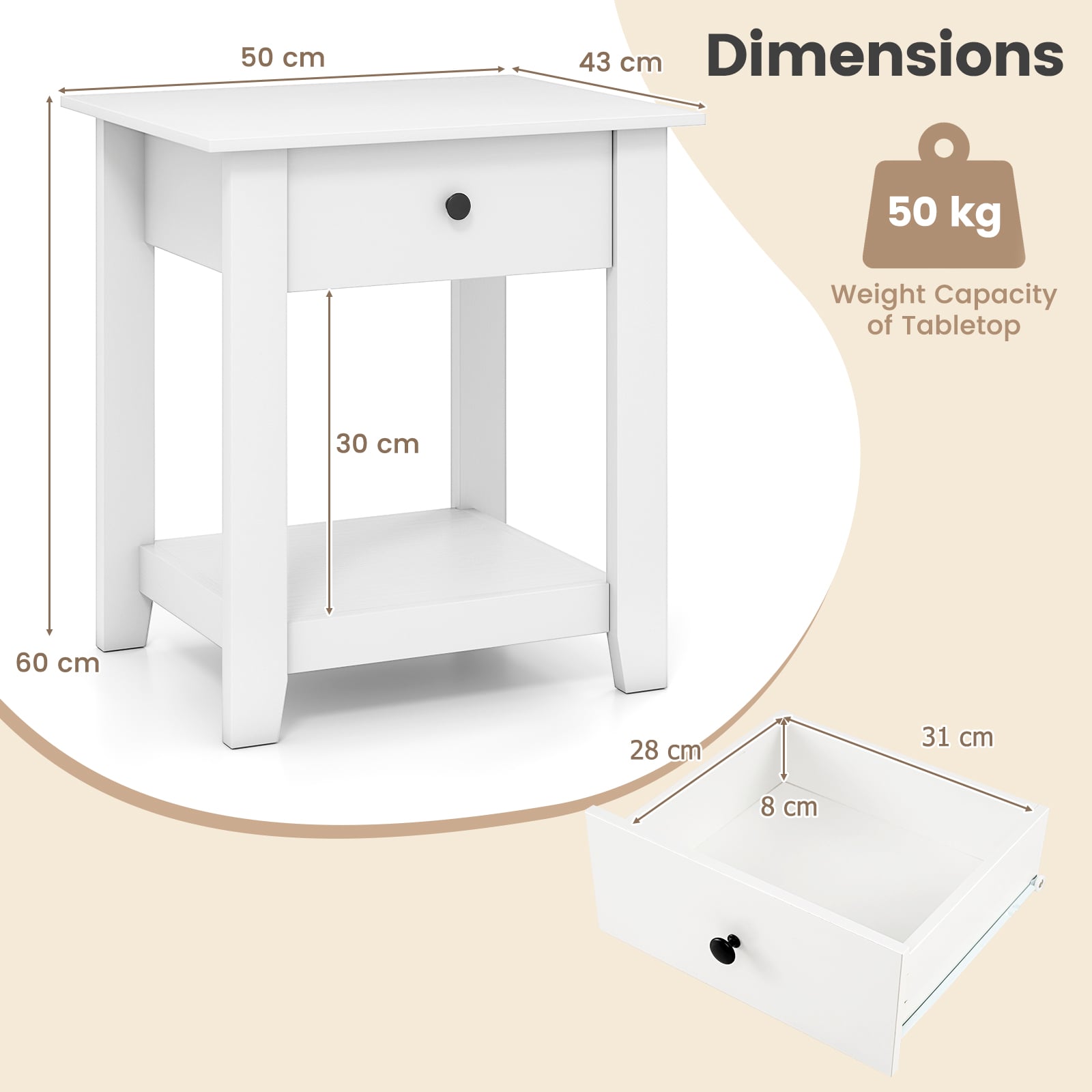 Nightstand with Drawer 3-Tier Modern Bedside Table with Open Shelf-White
