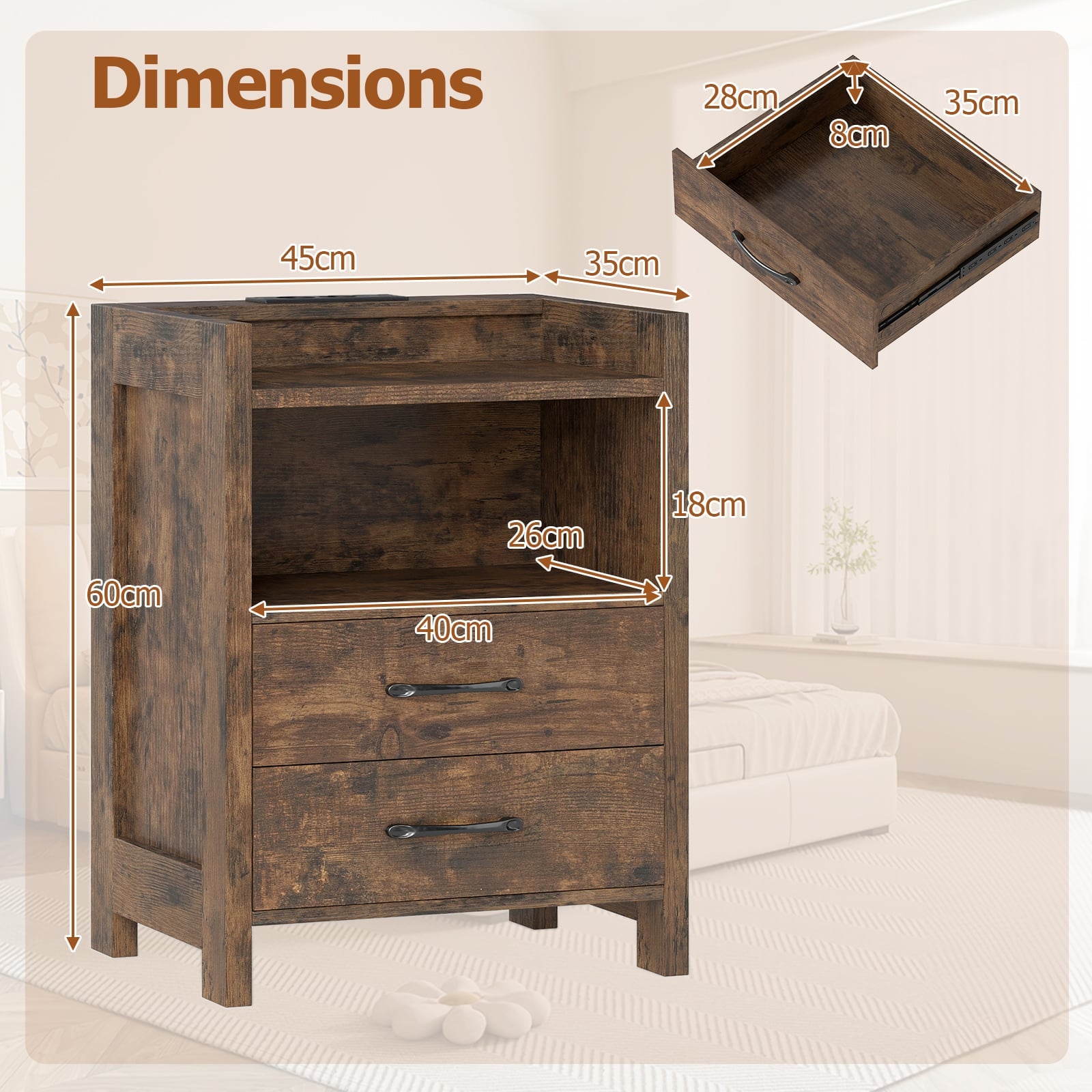 Nightstand with LED Lights and Power Outlets for Living Room-Rustic Brown