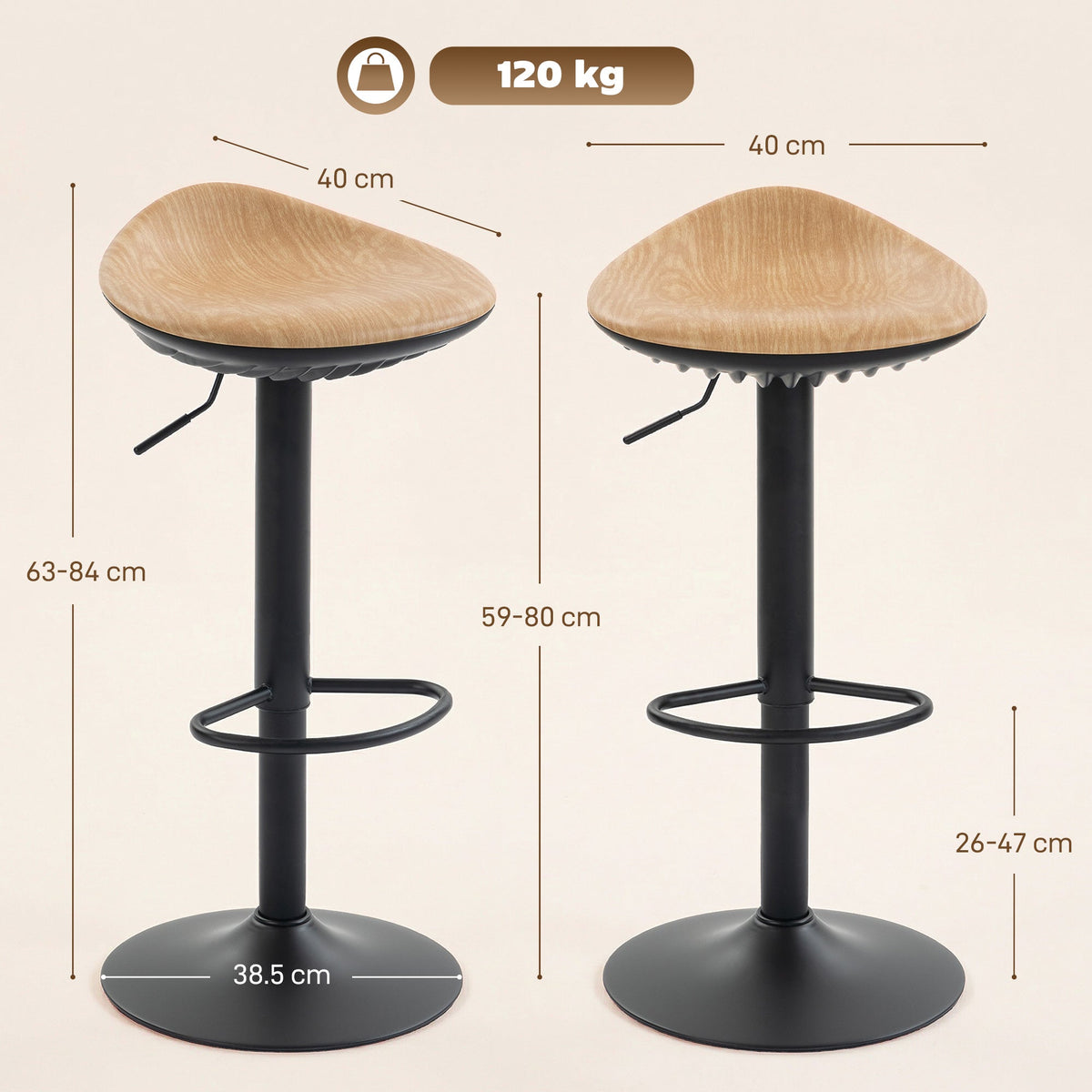 HOMCOM Set of 2 Barstools PU Leather Kitchen Stools with Saddle Seat Height Adjustable Swivel Kitchen Chairs with Footrest Oak