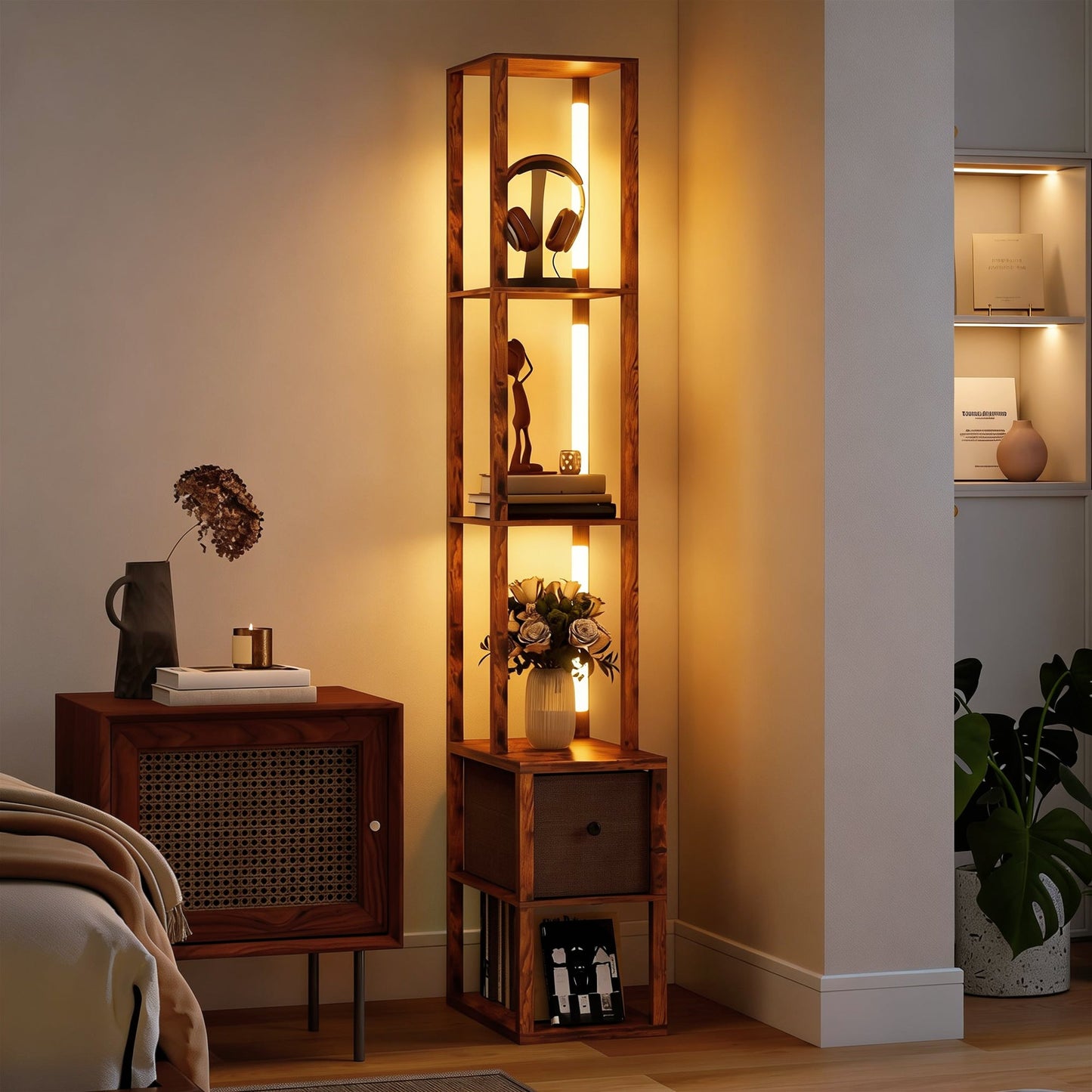 مصباح أرضي من هومكوم مع أرفف، مصباح عمودي LED عصري قائم بذاته مع درج قماشي، سطوع قابل للتعديل، مفتاح قدم لغرفة المعيشة، غرفة النوم، المكتب، بني ريفي