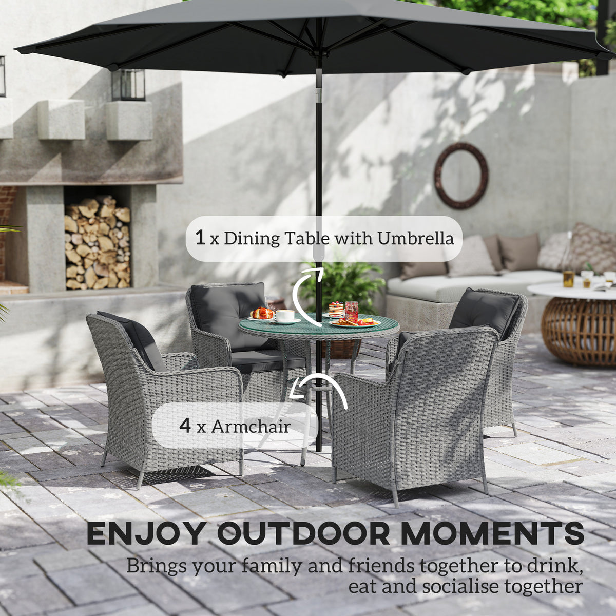 Outsunny 4 Seater Rattan Dining Set in Light Grey