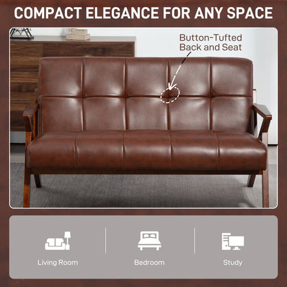 كنبة مقعدين صغيرة من هوم كوم، كنبة Love seat عتيقة منجدة بأزرار مع أرجل من الخشب الصلب، كنبة جلد صناعي صغيرة لغرفة المعيشة وغرفة النوم والمكتب المنزلي، 133 × 81 × 78.5 سم، بني