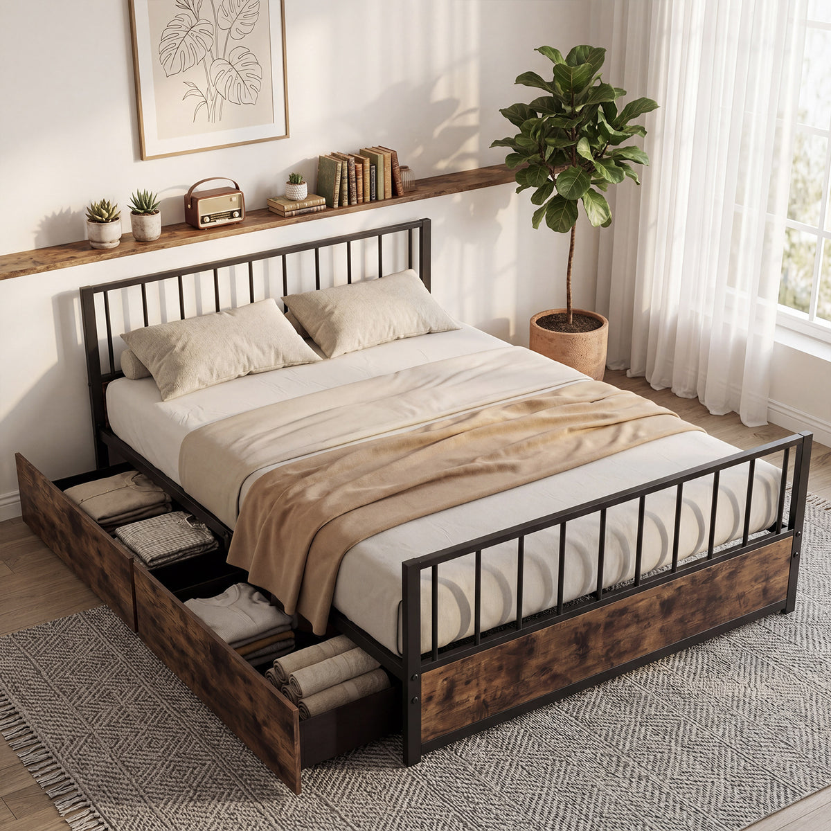 No Box Spring Needed Double Size Metal Bed Frame with 2 Drawers and Headboard-Double