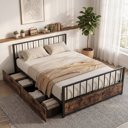 No Box Spring Needed Double Size Metal Bed Frame with 2 Drawers and Headboard-Double