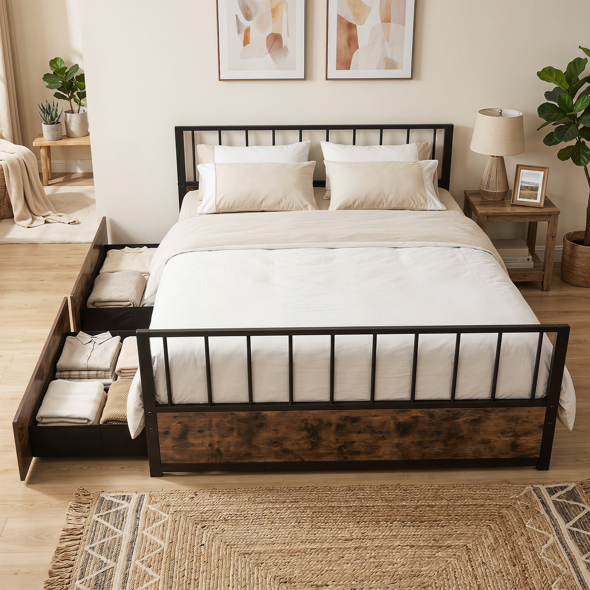 No Box Spring Needed Double Size Metal Bed Frame with 2 Drawers and Headboard-Double