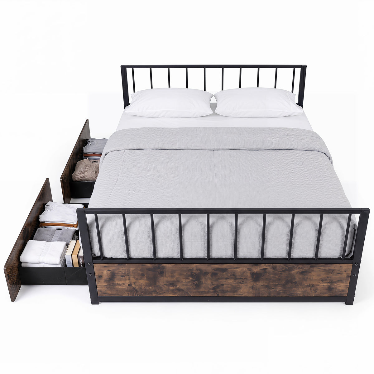 No Box Spring Needed Double Size Metal Bed Frame with 2 Drawers and Headboard-Double