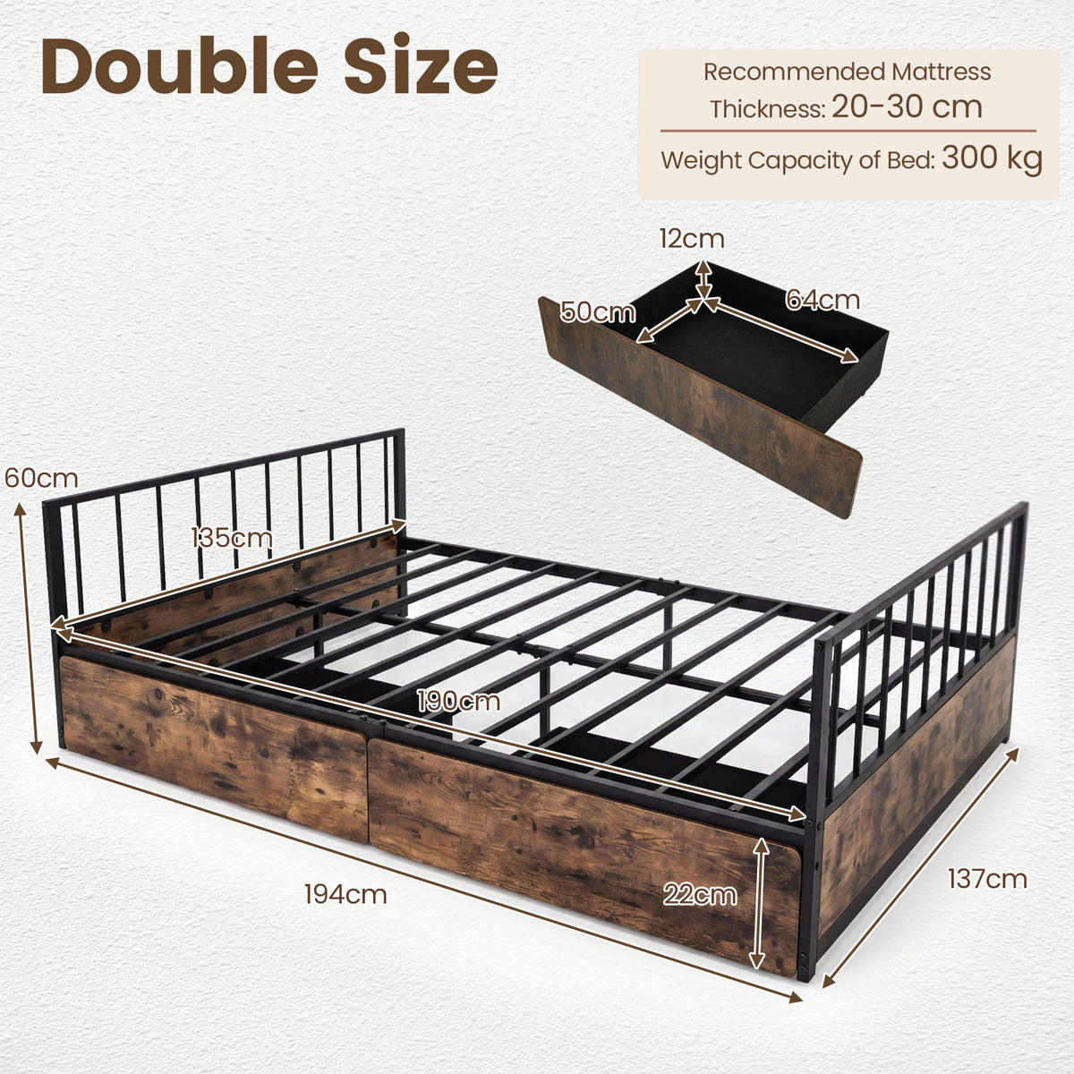 No Box Spring Needed Double Size Metal Bed Frame with 2 Drawers and Headboard-Double