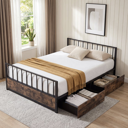 No Box Spring Needed Double Size Metal Bed Frame with 2 Drawers and Headboard-Double