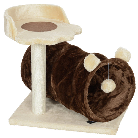 PawHut 47cm Small Cat Tree w/ Scratching Post, Bed, Cat Tunnel, Toy Ball, Dark Brown