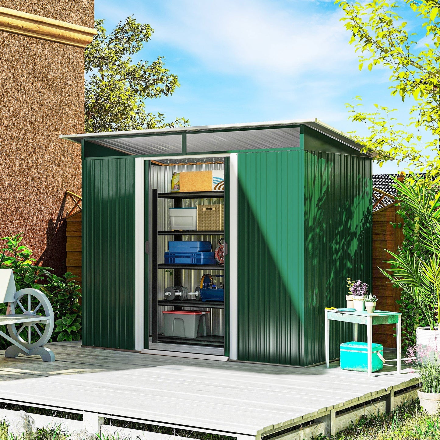 حظيرة خارجية معدنية Outsunny مقاس 8.5 × 4 قدم مع ألواح Sky Light، منزل تخزين أدوات للحديقة ببابين للحديقة والفناء والمسطح الأخضر، أخضر