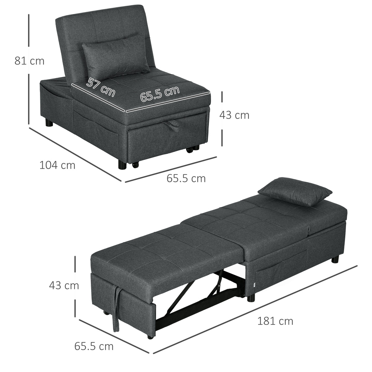 HOMCOM Convertible Chair Bed with Padding Seat in Grey