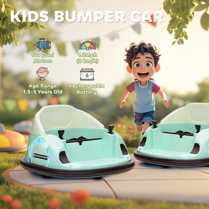AIYAPLAY 360√Ç¬∞ Rotation Kids Bumper Car, 12V Waltz Car with Remote Control, Dual Joystick, Music, Lights, Green