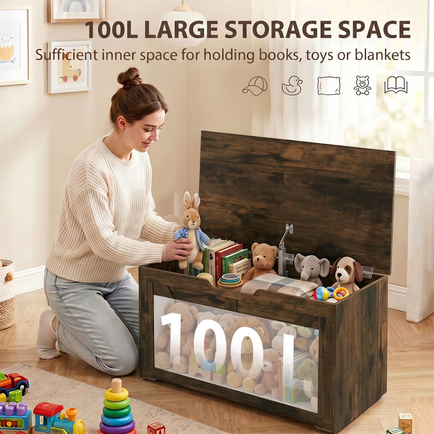 HOMCOM 100L Home Storage Box, with Safety Hinge - Rustic Brown Wood-Effect