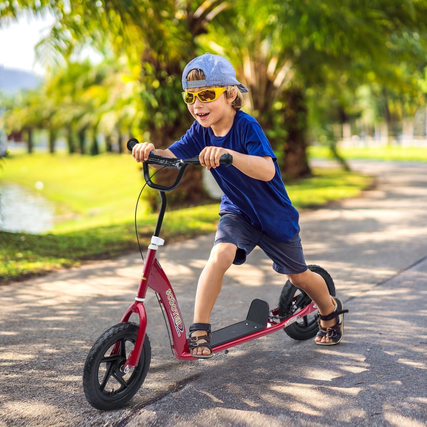 HOMCOM Kids Scooter Kick Scooter, with 12" EVA Tyres, Rear Brake, Big Wheels Scooter for 5-12 Years, Red