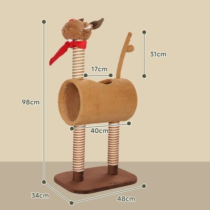 PawHut شجرة قطط بتصميم غزال بطول 98 سم مع أعمدة خدش، كرة لعب، نفق، لون بني