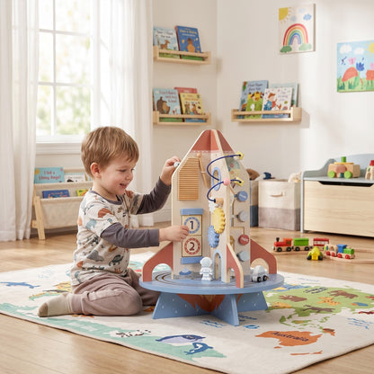 AIYAPLAY Wooden Activity Cube, Rocket Theme Educational Toys with Shape Sorter & Bead Maze for Toddlers 24M-6Y Fine Motor Skill