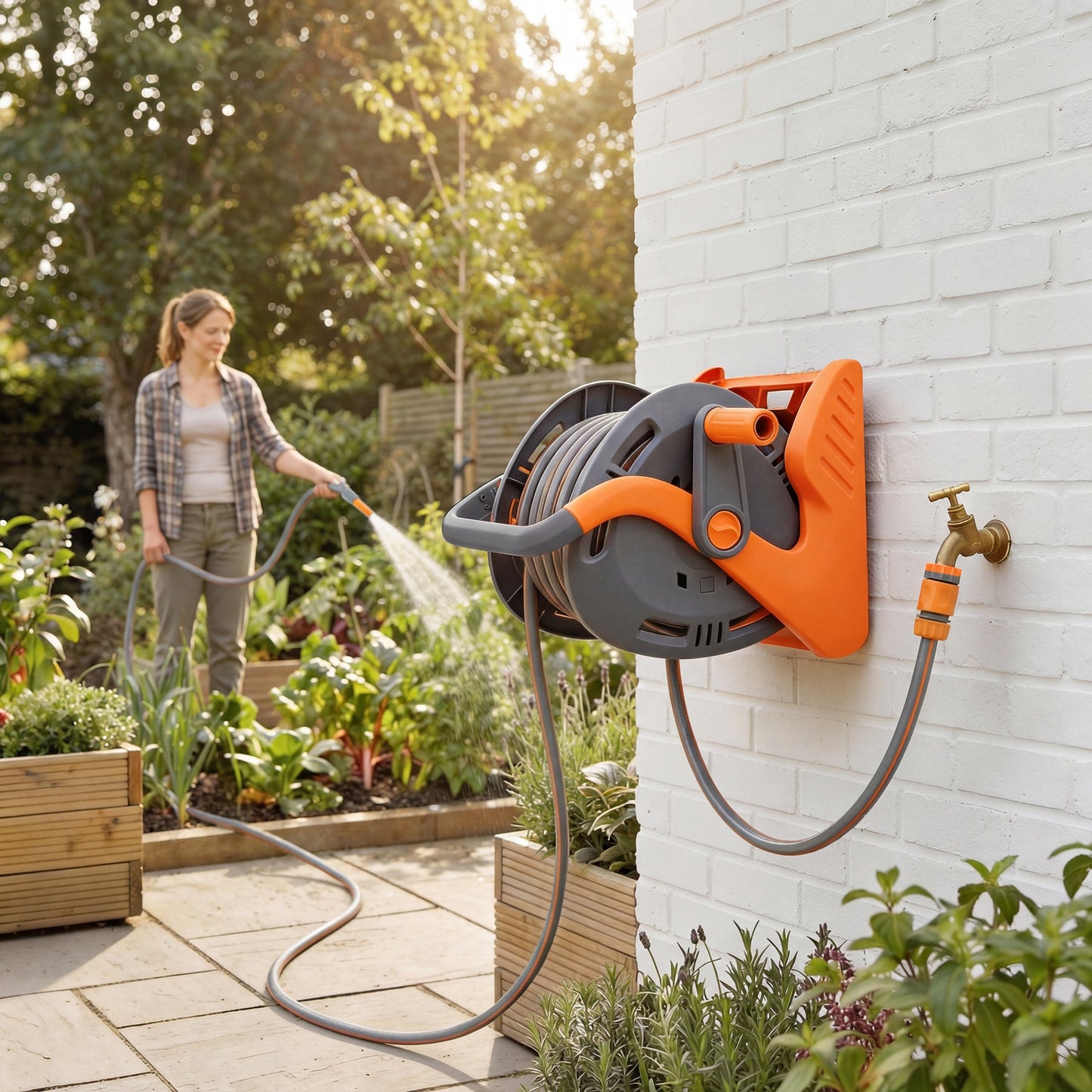 Outsunny Portable Garden Hose Reel, 20+2 m Wall Mounted Hose Reel with 2 Patterns Spray Nozzle and Crank Handle, Orange
