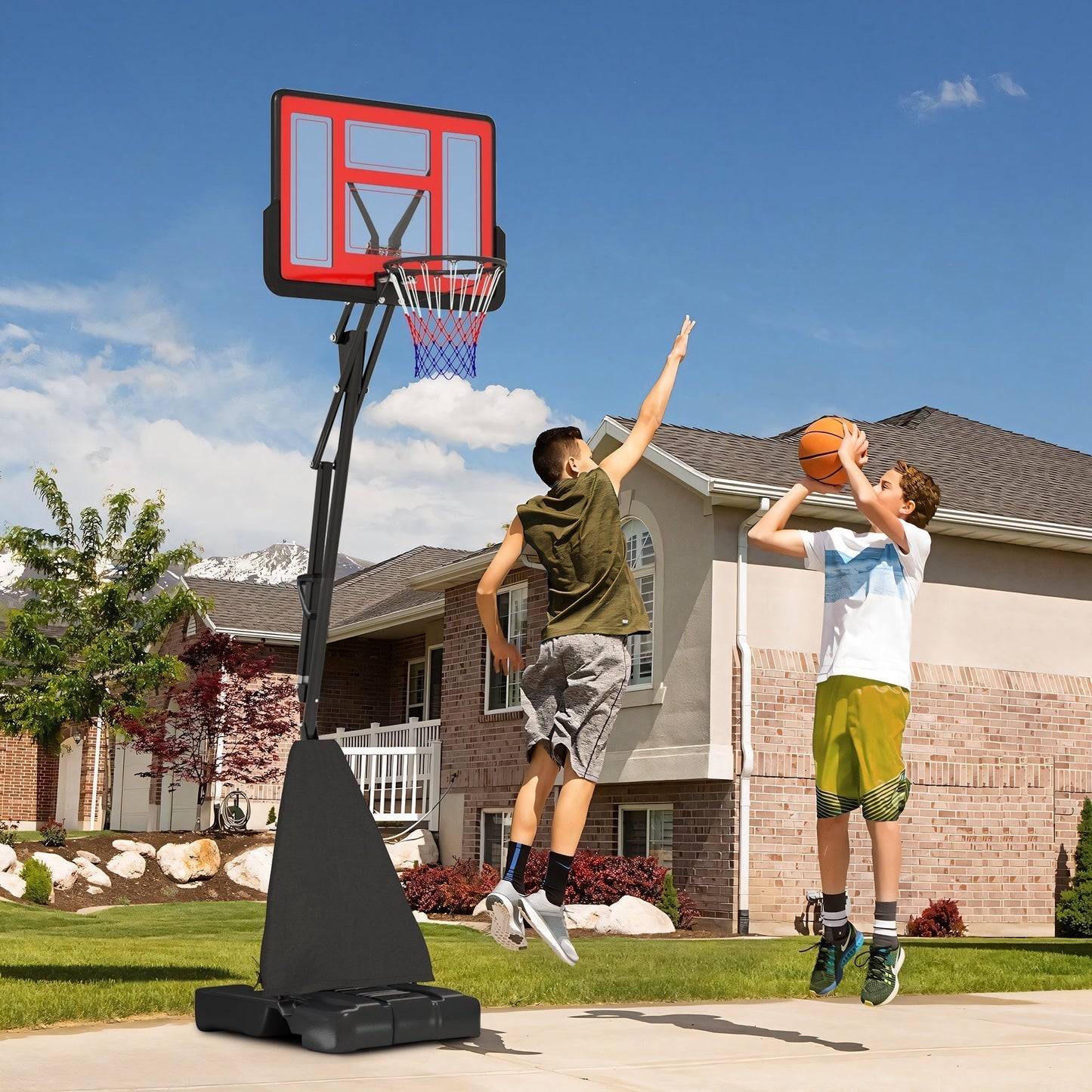 SPORTNOW 245-305cm Adjustable Basketball Hoop and Stand, with Wheels, Red