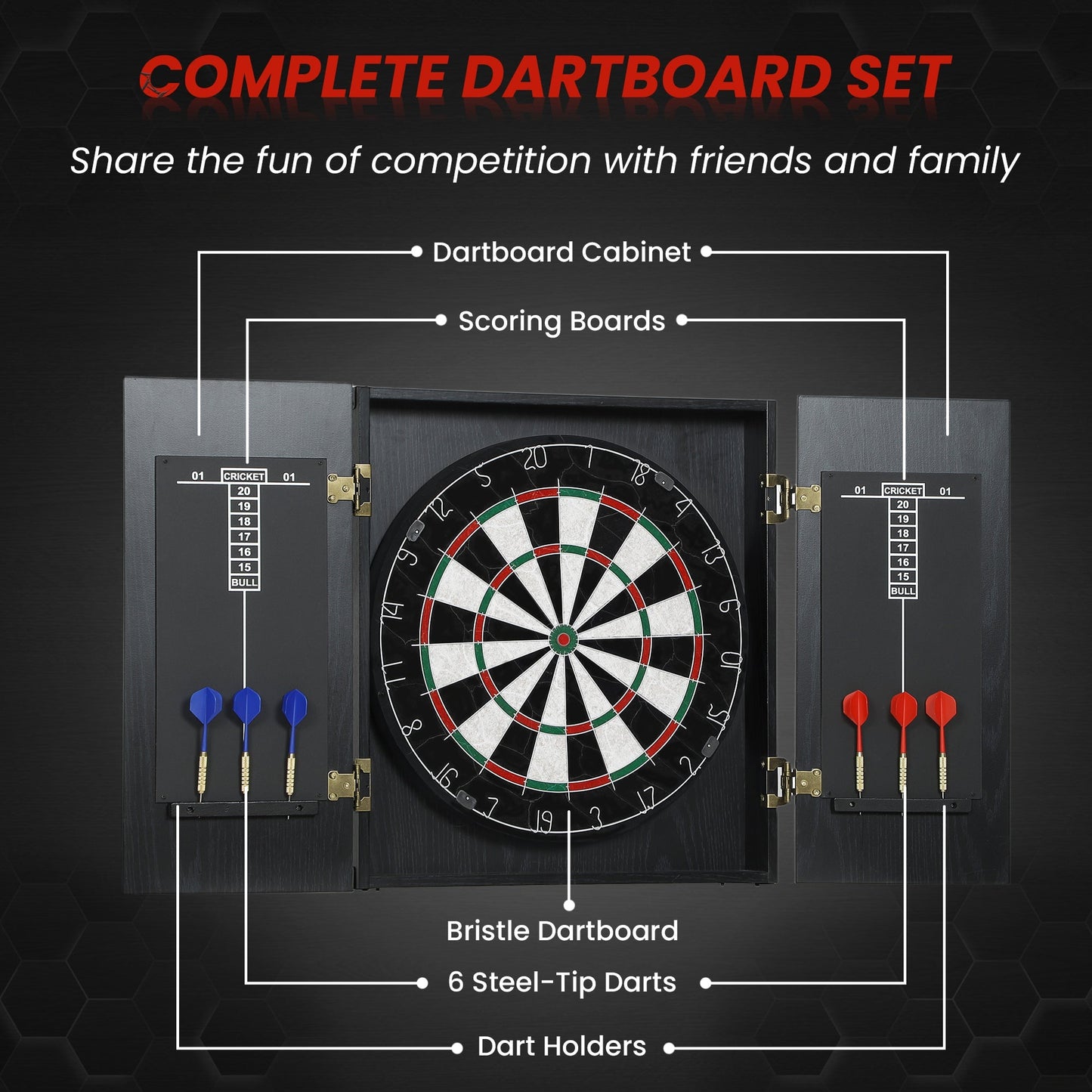 SPORTNOW Bristle Dartboard with Cabinet, 6 Steel Tip Darts, Cabinet